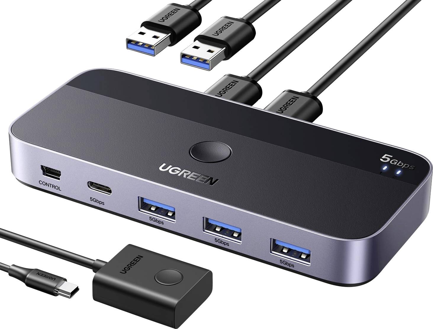 Ein USB-Hub mit mehreren Anschlüssen, gekennzeichnet mit 'UGREEN'. Er verfügt über mehrere USB-A- und USB-C-Ports, hervorgehoben durch die '5 Gbps', die die Geschwindigkeit angeben.
