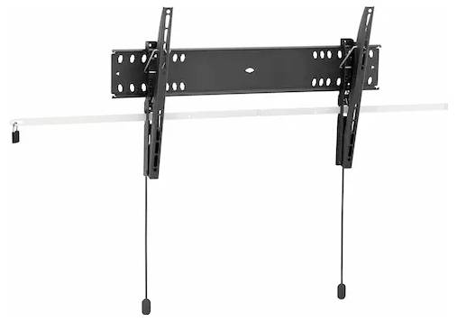 Eine schwarze TV-Wandhalterung mit Neigungsfunktion, verstellbaren Armen und Zugschnüren.