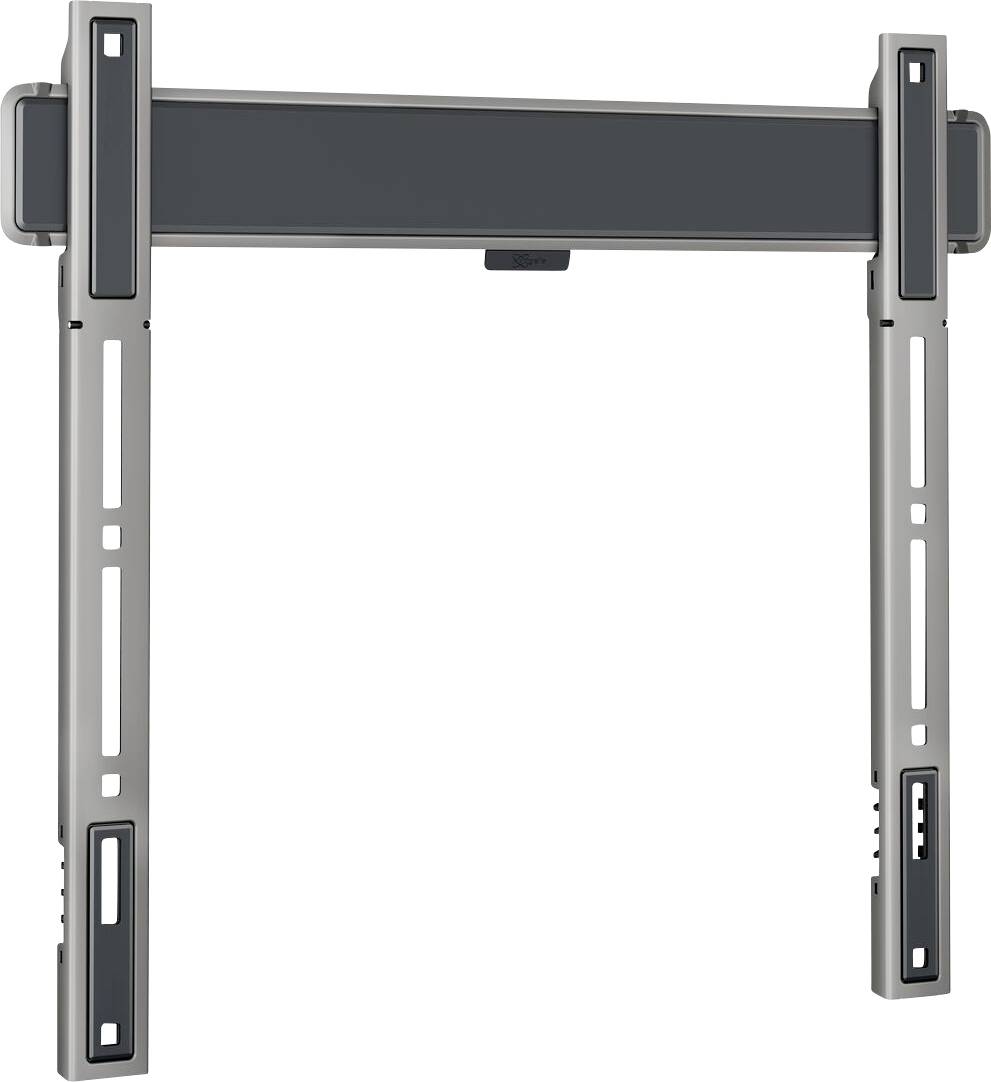 Eine schwarze Metallhalterung für Fernseher mit verstellbaren vertikalen Halterungen und einer horizontalen Stützstange, entwickelt für die Wandmontage von Flachbildschirm-Fernsehern.