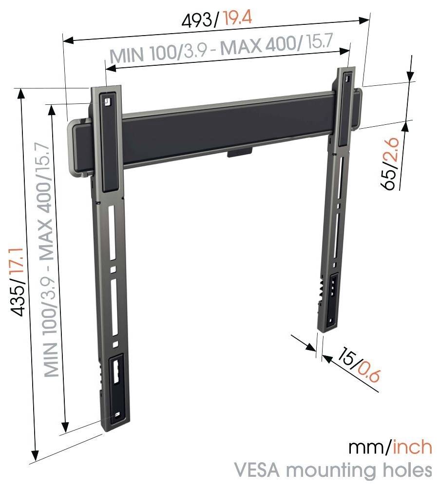 Wandhalterung Montageskizze mit Abmessungen: 493 mm Breite (19,4 Zoll), 435 mm Höhe (17,1 Zoll), verstellbar für VESA 100/3,9 bis 400/15,7.