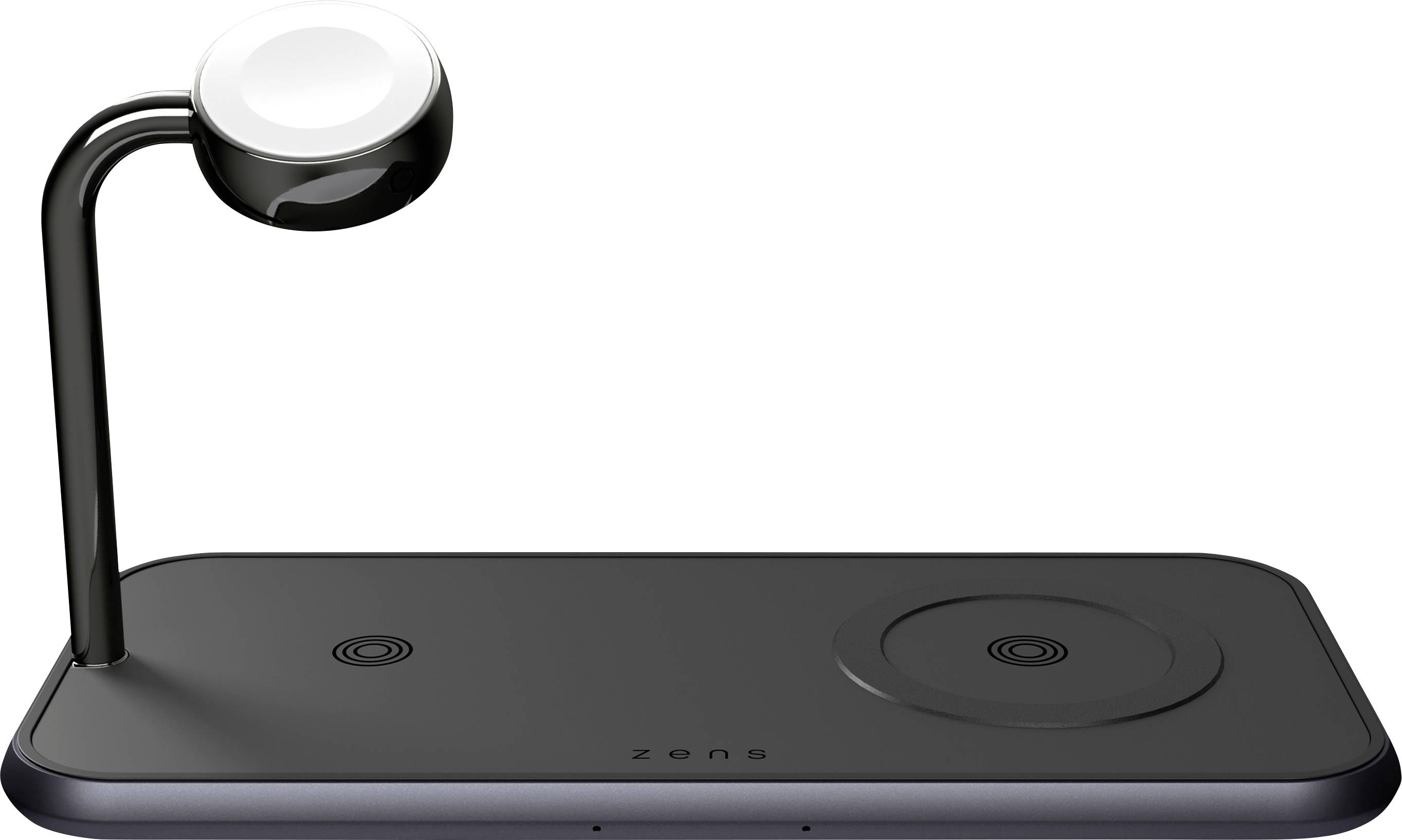 Eine schwarze Ladestation mit zwei flachen Bereichen und einem erhöhten Ständer für eine Smartwatch.