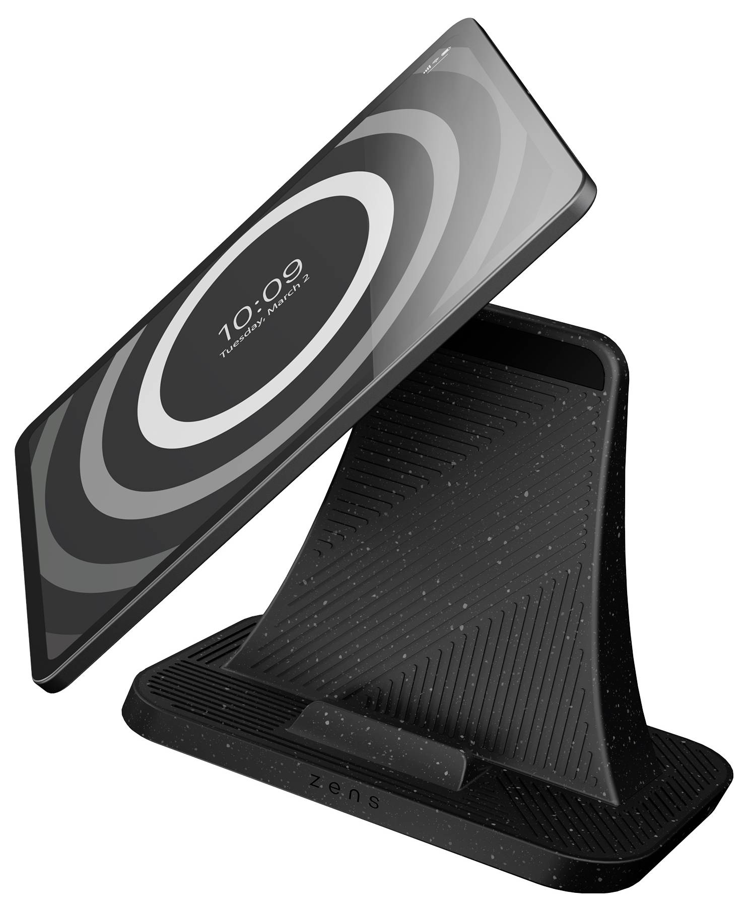 Ein Smartphone, das die Uhrzeit anzeigt, liegt auf einem schlanken, geneigten drahtlosen Ladeständer mit minimalistischem schwarzem Design.