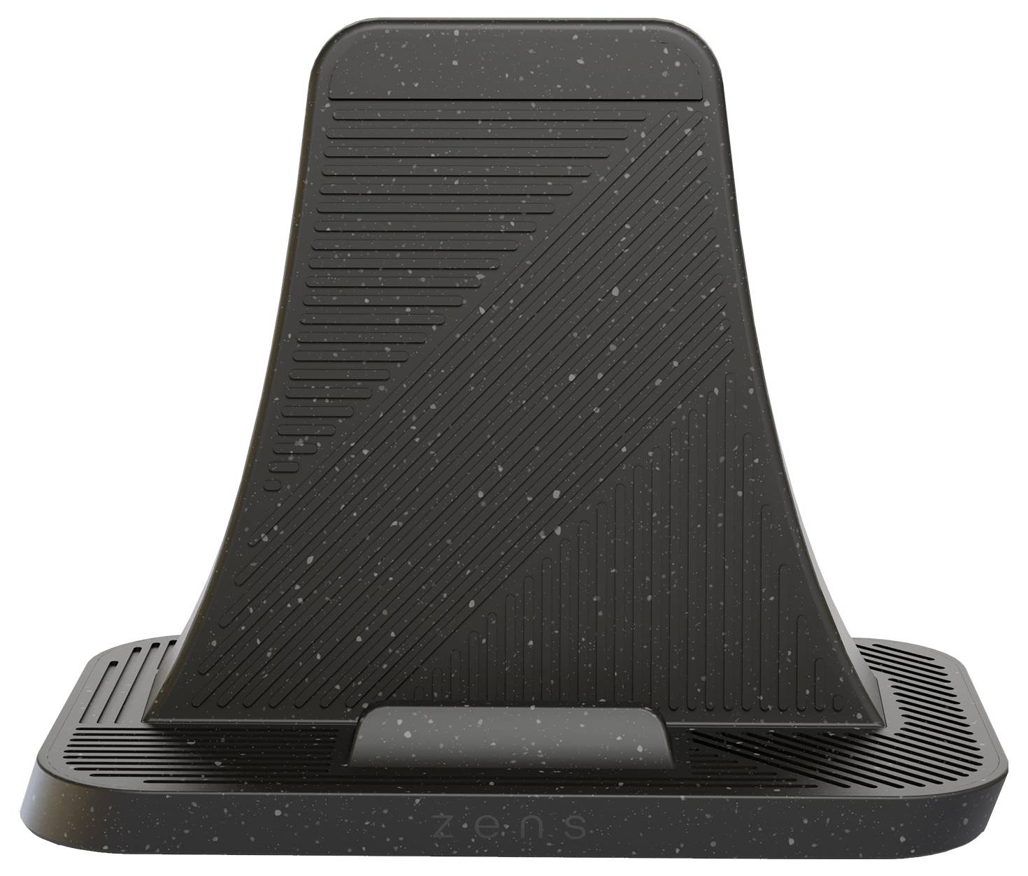 Ein schwarzer drahtloser Ladegerät-Ständer mit strukturierter Oberfläche und dem Wort 