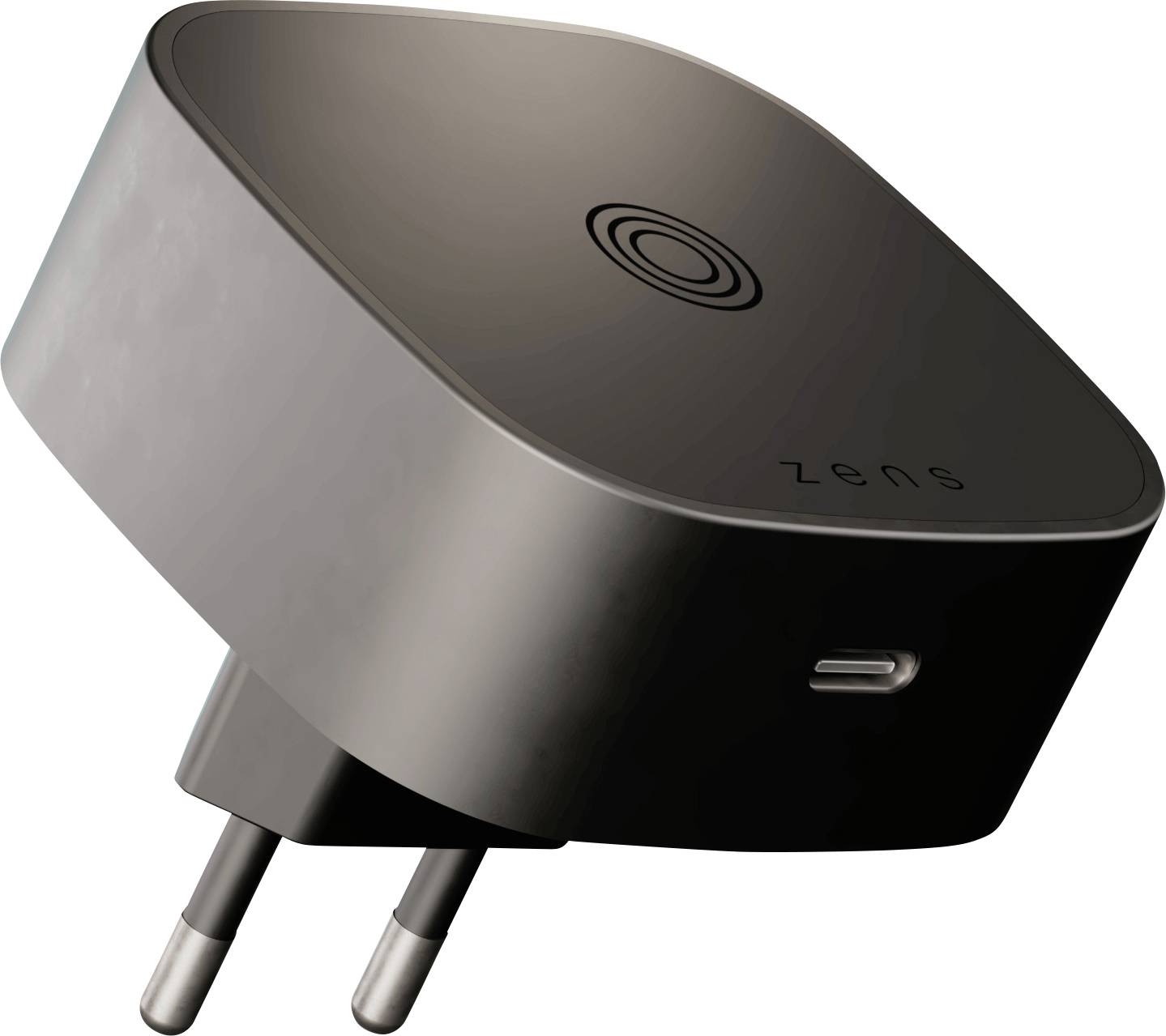 „Ein runder, schwarzer Wandladegerät mit zwei Stiften und einem USB-C-Anschluss an der Seite