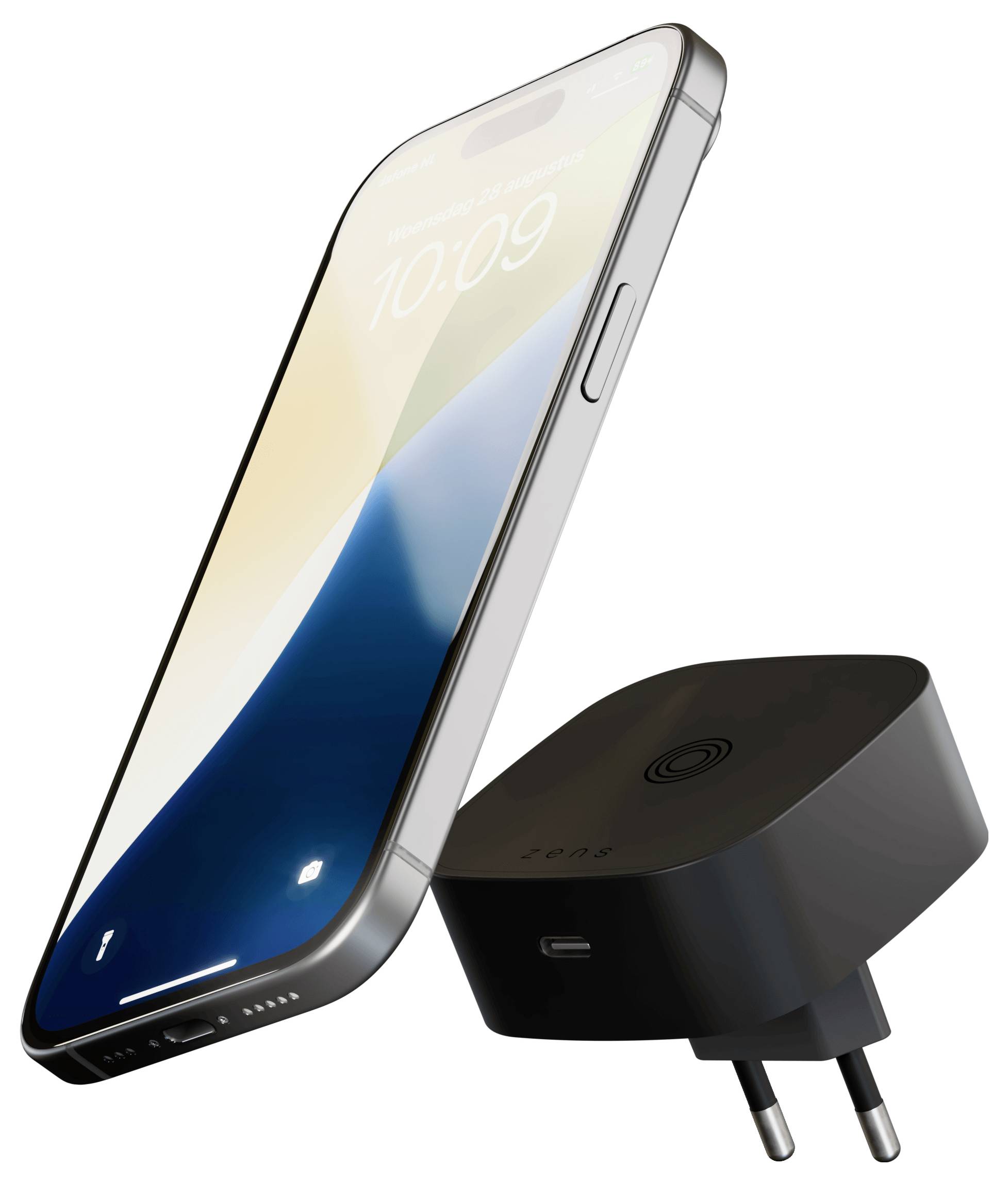 Ein modernes Smartphone und ein schlankes, kompaktes Netzteil mit europäischem Stecker, das die Ladekompatibilität veranschaulicht.