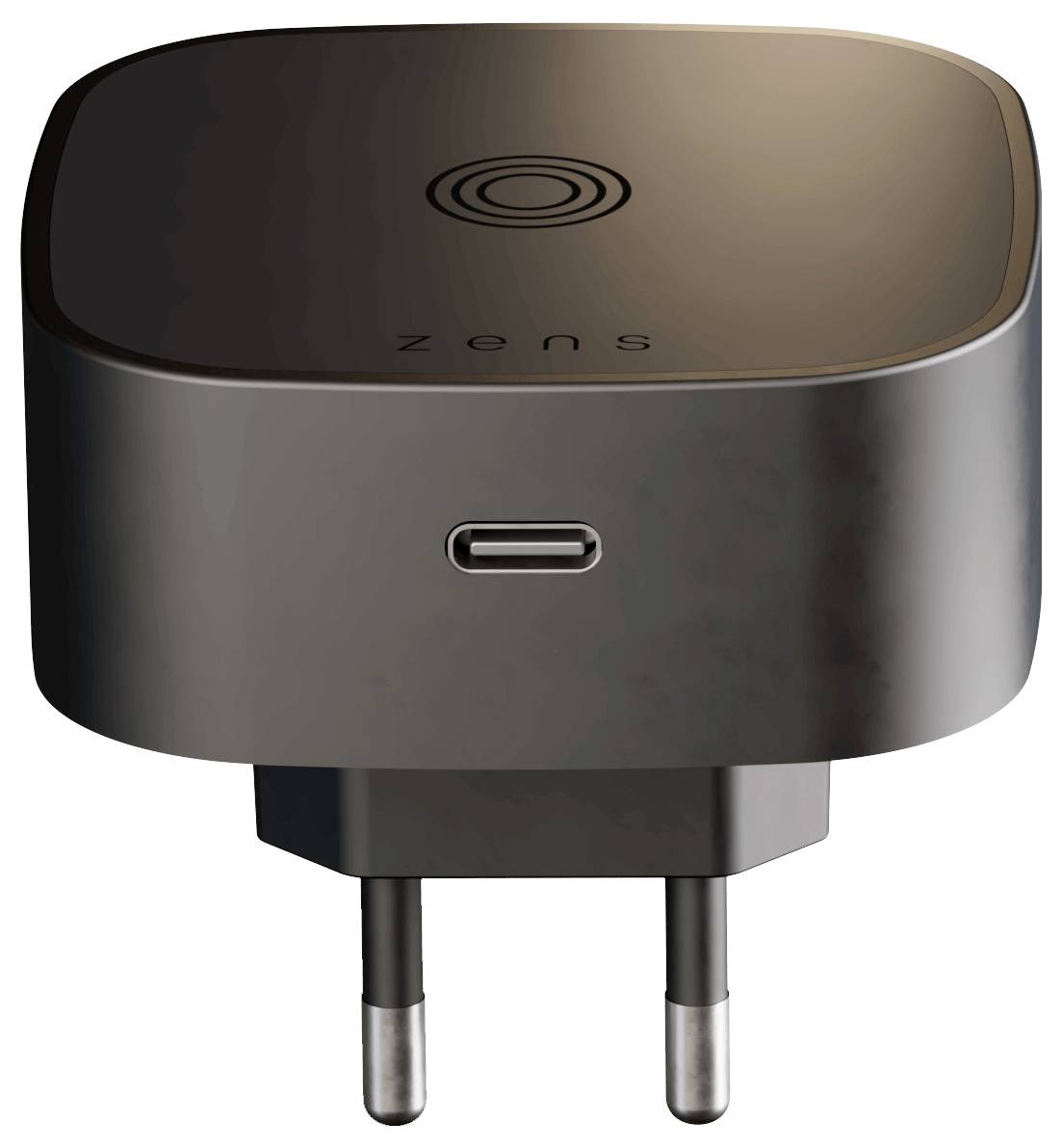 Ein kompakter Wandladegerät mit europäischem Stecker und USB-C-Anschluss, mit minimaler Branding.