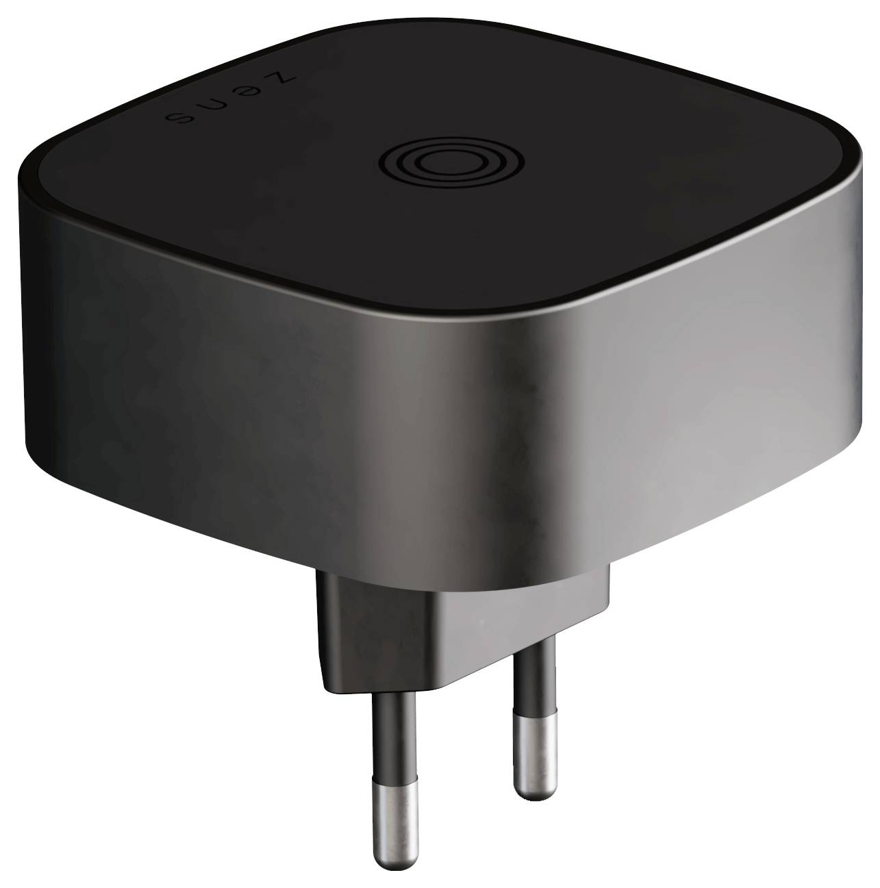 Ein kompakter, rechteckiger schwarzer Steckadapter mit zwei Metallstiften, entwickelt für europäische Steckdosen, mit einem runden Powerknopf.