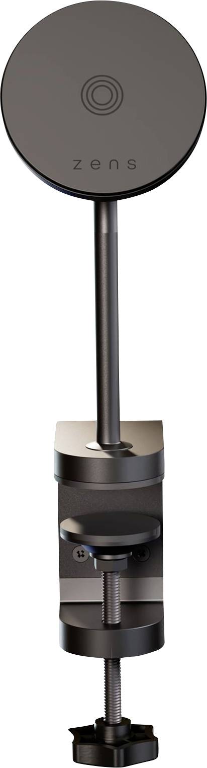 Eine Metallklemme mit einer verstellbaren Stange, die einen runden magnetischen Handyhalter hält, mit der Markenbezeichnung 'zens'.