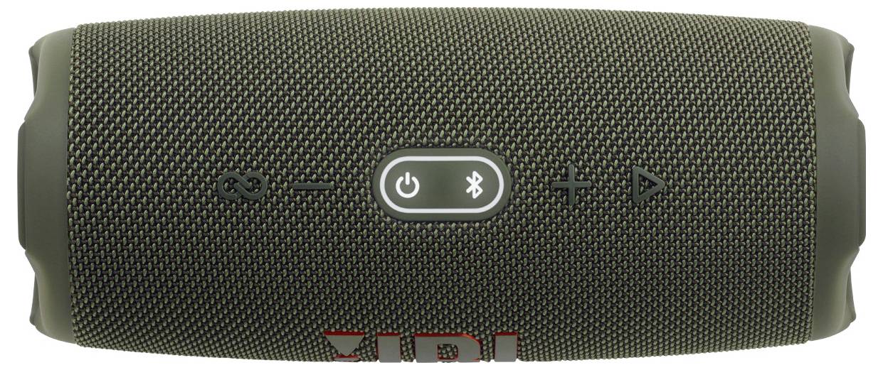 Ein schwarzer zylindrischer tragbarer Lautsprecher mit Tasten für Ein/Aus, Bluetooth und Lautstärke in der Mitte. Das Lautsprechergitter hat eine strukturierte Oberfläche.