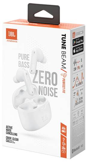 JBL Tune Beam In Ear Kopfhörer Kabellos, Bluetooth® Stereo Weiß Noise Cancelling, Mikrofon-Rauschunterdrückung Ladecase