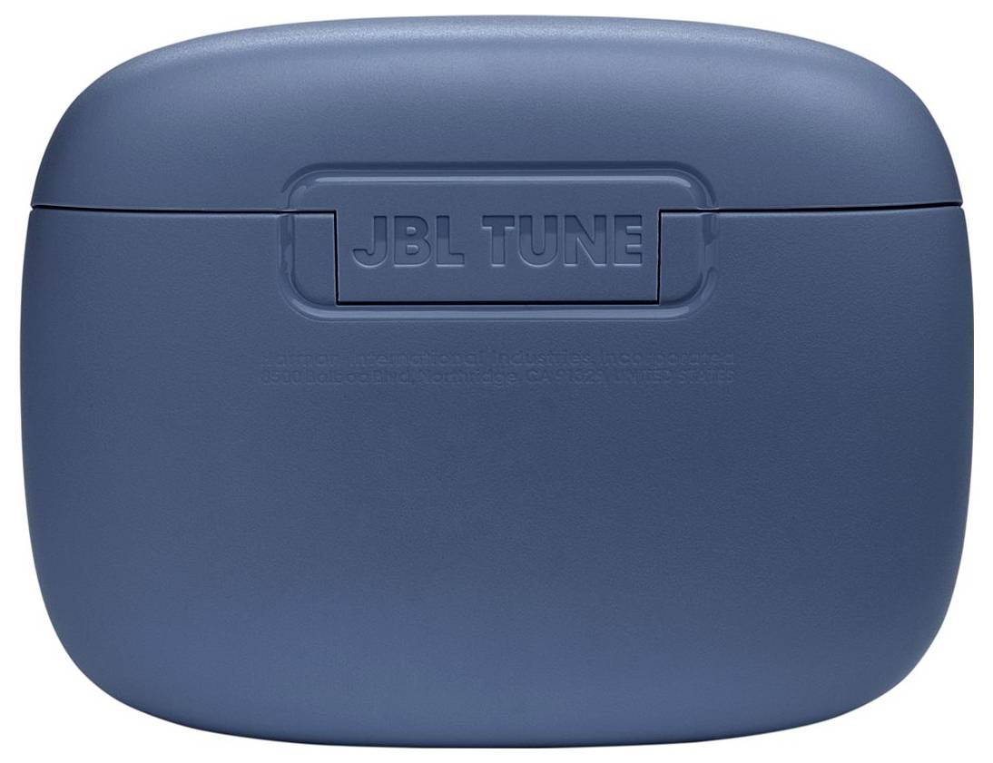 Ein blaues JBL Tune Ohrhörer-Etui mit der Aufschrift 'JBL TUNE', die auf der Vorderseite eingeprägt ist.