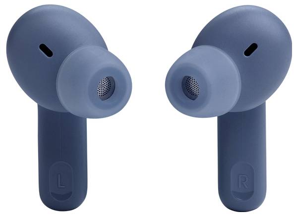 Zwei blaue kabellose Ohrhörer mit den Beschriftungen 