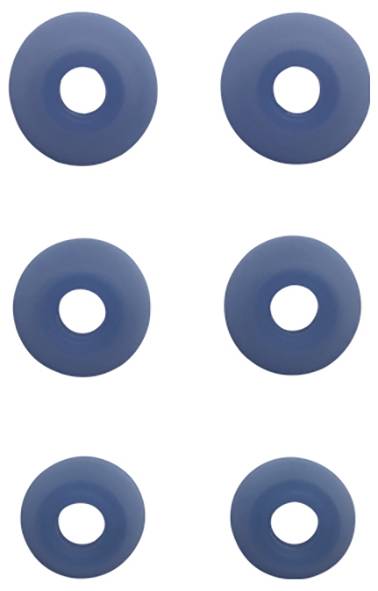 Sechs runde, blaue Silikonunterlegscheiben, in zwei vertikalen Spalten mit je drei Scheiben angeordnet, auf einem weißen Hintergrund.