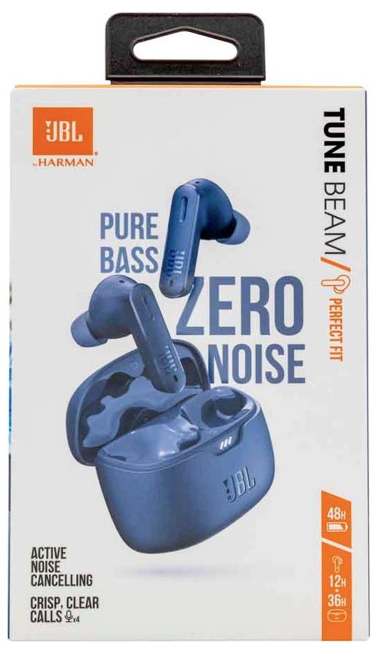 JBL Tune Beam Ohrhörer in blau, mit Ladeetui auf Verpackung. Text hebt Merkmale hervor: 'Pure Bass', 'Zero Noise', 'Active Noise Cancelling'.
