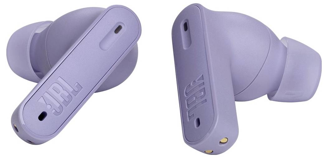 Zwei lila JBL kabellose Ohrhörer mit elegantem Design, ausgestattet mit einer länglichen berührungsempfindlichen Fläche und Silikonohreinsätzen für einen sicheren Sitz.