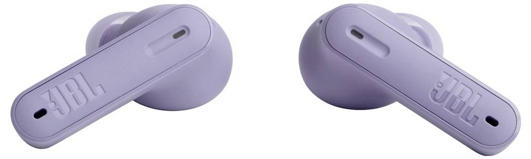 Violette JBL kabellose Kopfhörer, von der Seite abgebildet, mit sichtbarem Markenlogo, die ihr schlankes Design betonen.