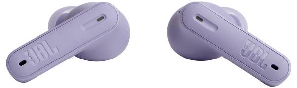 Lila drahtlose Ohrhörer mit einem eleganten Design und dem 'JBL' Logo auf jedem Hörer. Sie verfügen über einen länglichen Stiel mit einem kleinen Indikatorloch.