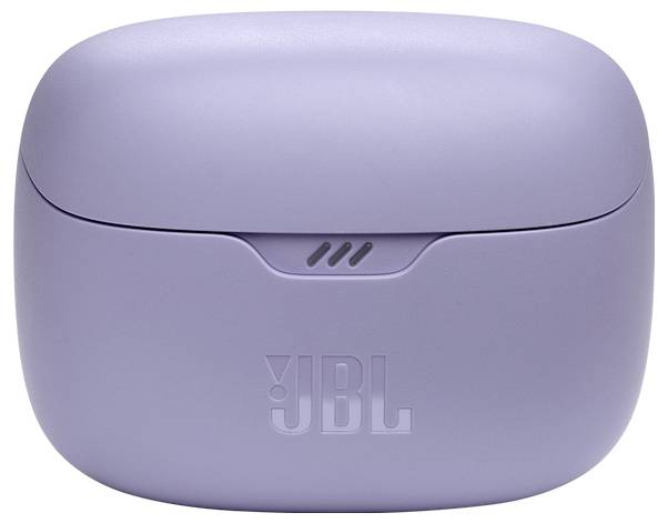 Violettes JBL-Wireless-Ohrhörer-Etui mit geschlossenem Deckel, auf dem die JBL-Logo auf der Vorderseite zu sehen ist.
