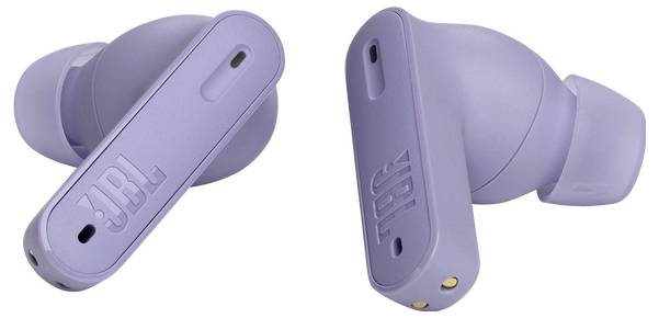 Lila kabellose Ohrhörer mit JBL-Branding, die ein schlankes, ergonomisches Design für einen komfortablen In-Ear-Sitz aufweisen.