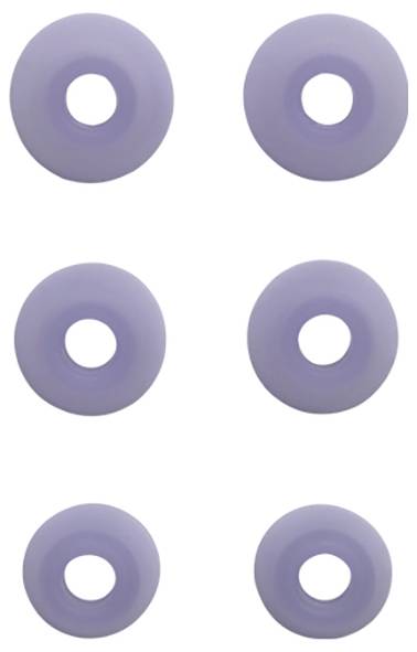 Sechs lila, ringförmige Objekte sind gleichmäßig in zwei vertikalen Spalten auf einem weißen Hintergrund angeordnet.