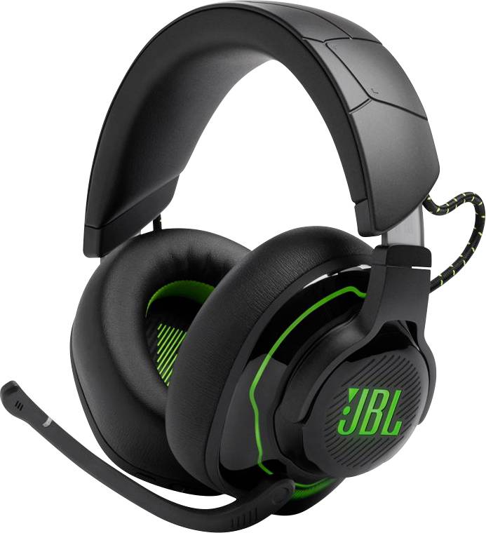 Schwarzer Gaming-Headset mit grünen Akzenten, ausgestattet mit einem gebogenen Kopfbügel, gepolsterten Ohrmuscheln und einem integrierten Mikrofon. Markenlogo 'JBL'.
