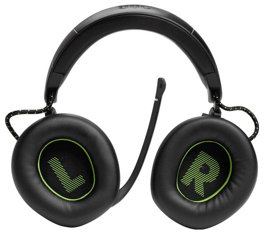 Schwarze Over-Ear-Kopfhörer mit einem Mikrofon, die an den Ohrpolstern ein grünes 'L' und 'R' tragen, um die linke und rechte Seite zu kennzeichnen.