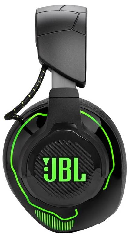 Schwarzer Over-Ear-Gaming-Headset mit neongrünen Details, einschließlich des 'JBL'-Logos auf der Ohrmuschel.