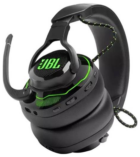 Ein schwarzes Gaming-Headset mit grünen LED-Akzenten auf den Ohrmuscheln und dem Mikrofon.