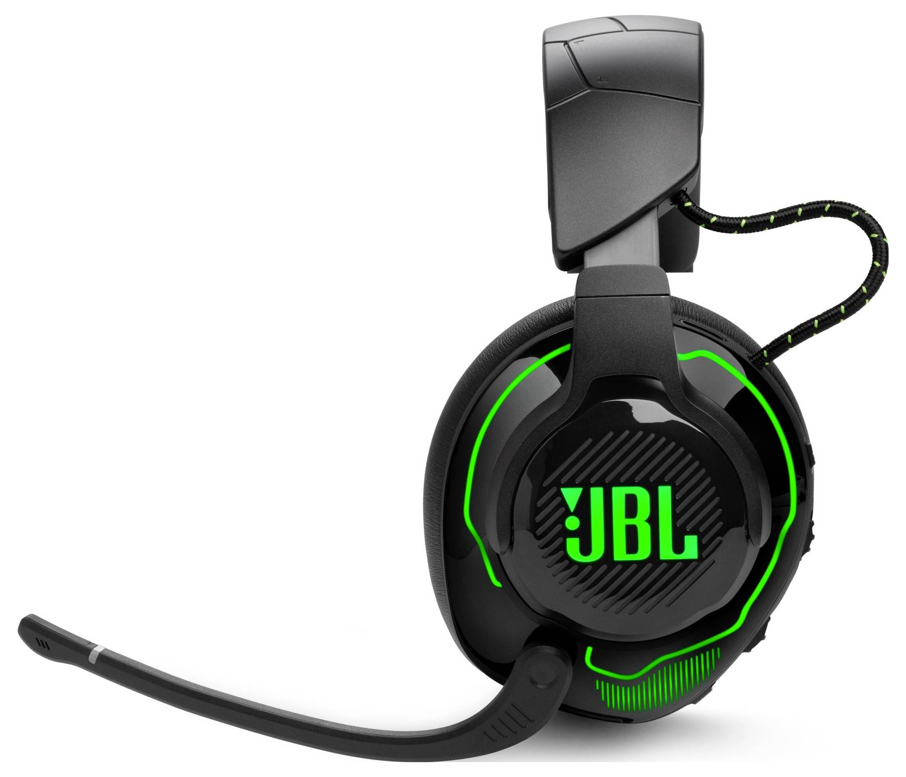 Gaming-Headset mit Mikrofon, schwarzes und grünes Design, mit dem 'JBL'-Logo auf dem Ohrmuschel.