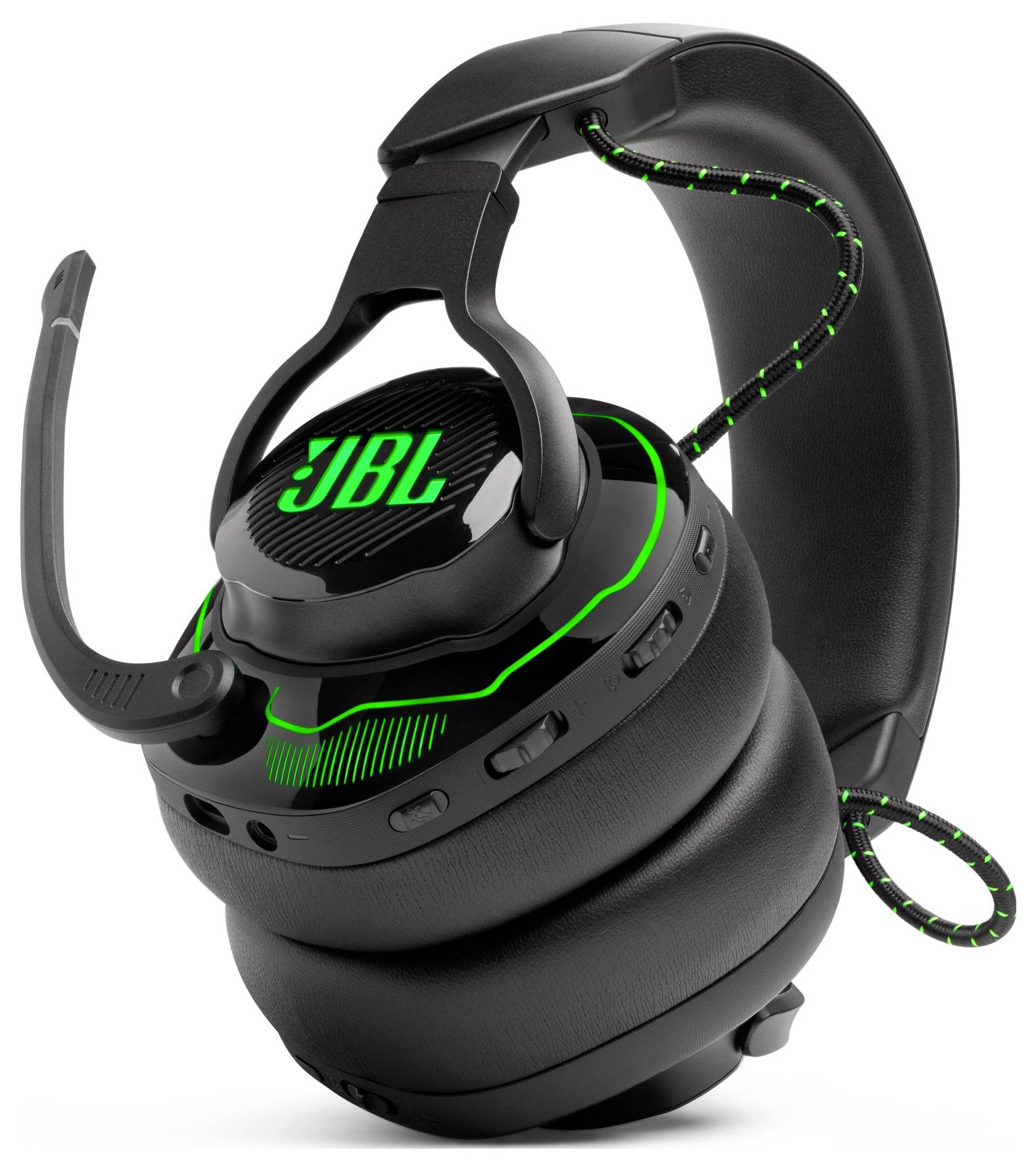 Schwarzes JBL-Gaming-Headset mit neongrünen Akzenten, verstellbarem Mikrofon und gepolsterten Ohrmuscheln, das für immersive Audioerlebnisse entwickelt wurde.