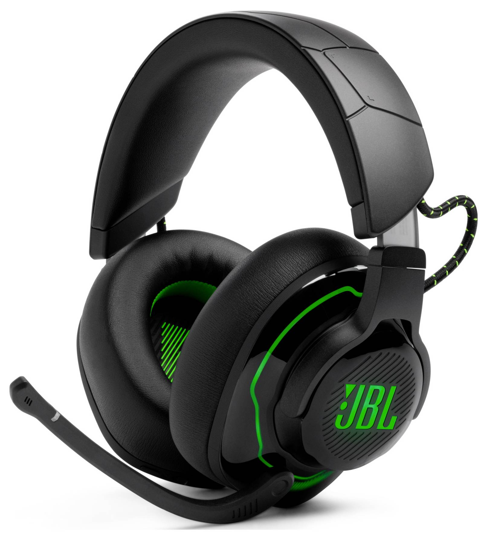 Schwarzer und grüner Gaming-Headset mit angebrachtem Mikrofon, ausgestattet mit gepolstertem Kopfbügel und Ohrpolstern.