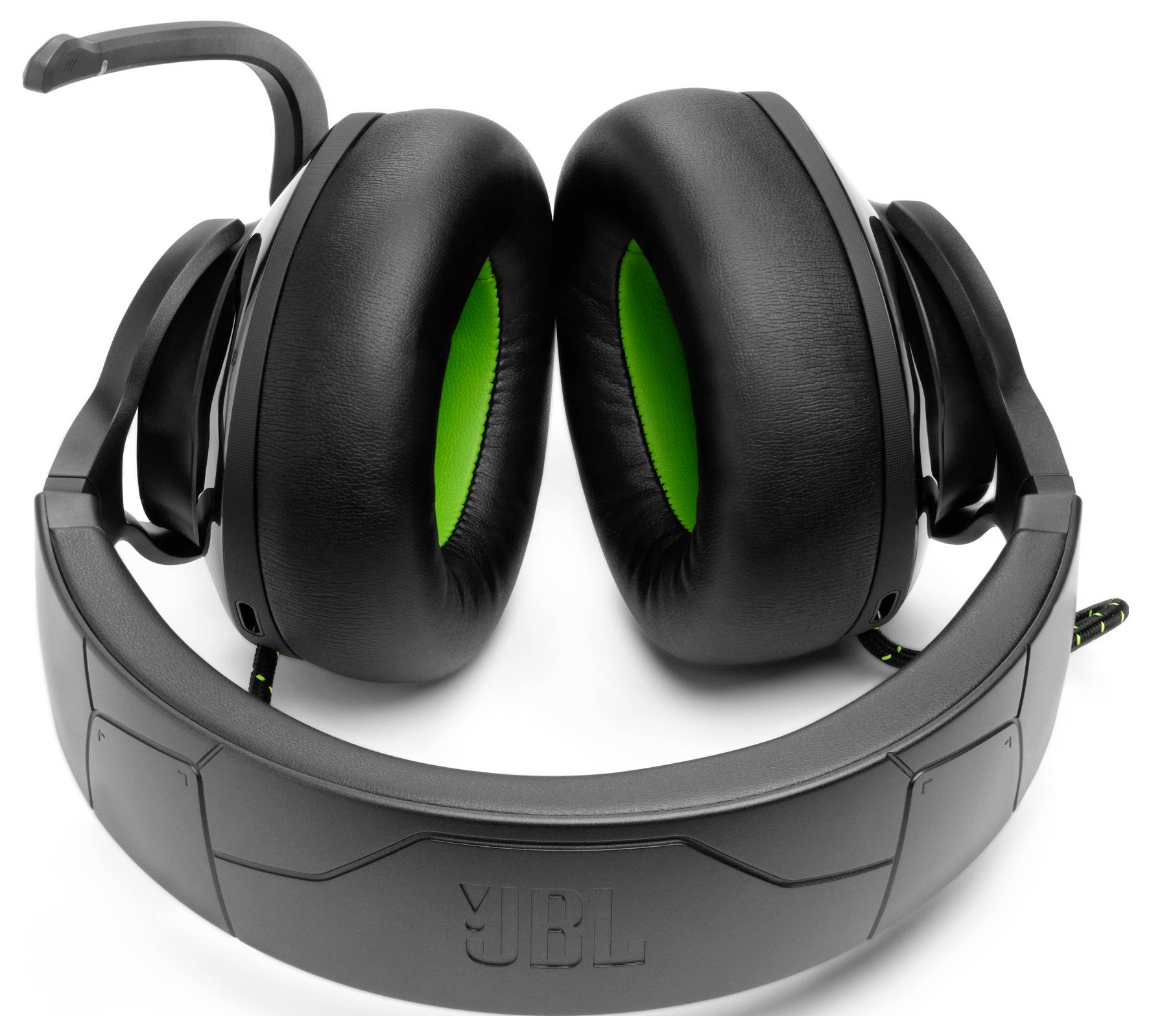 Ein Paar Over-Ear-Gaming-Kopfhörer in Schwarz mit grüner Innenpolsterung, einem Mikrofon an der linken Seite und dem Markenlogo auf dem Kopfbügel.