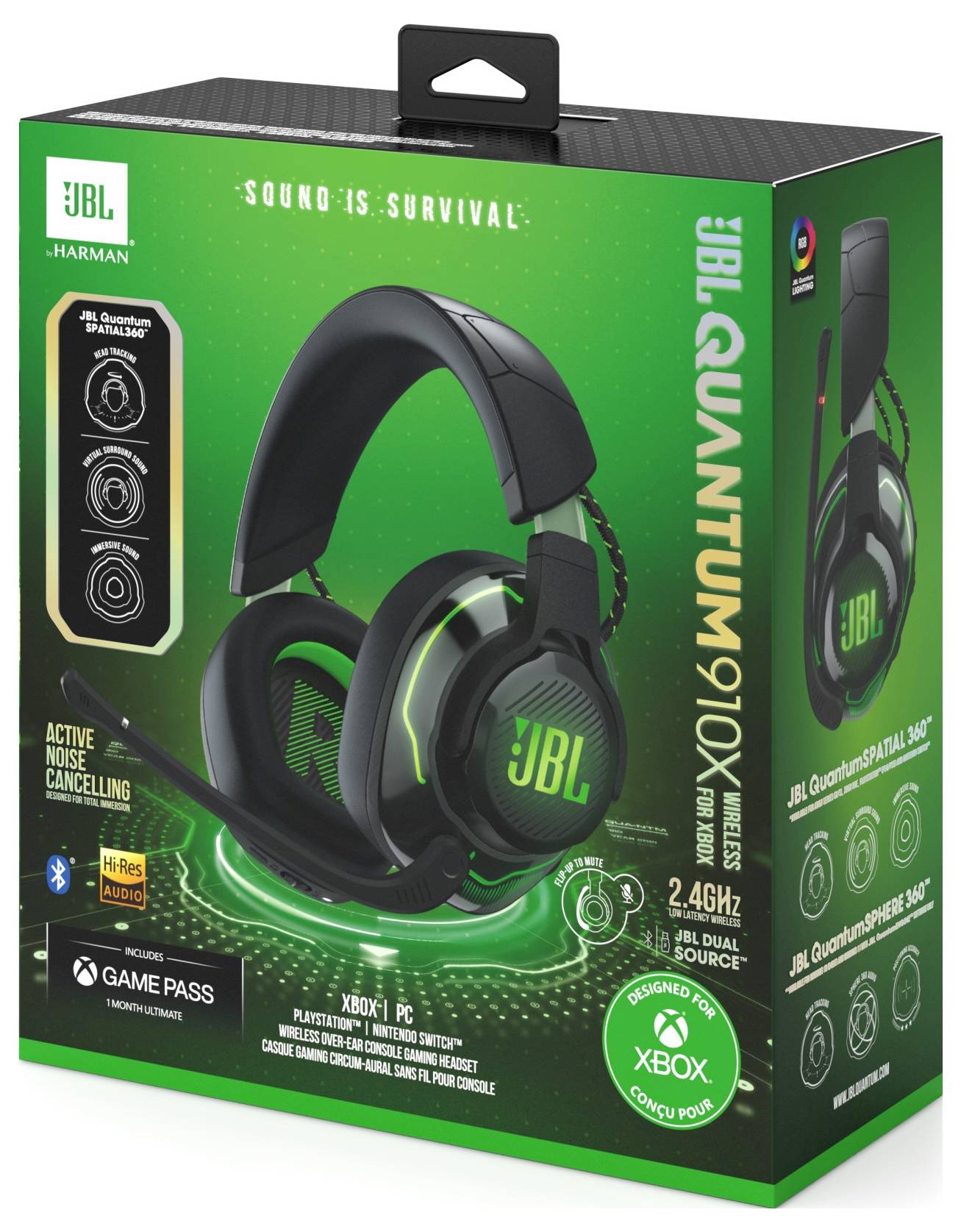 JBL Quantum 910X Wireless-Headset-Verpackung mit Funktionen wie aktivem Noise-Cancelling, 2,4-GHz-Drahtlostechnologie und JBL Quantum Surround Sound.