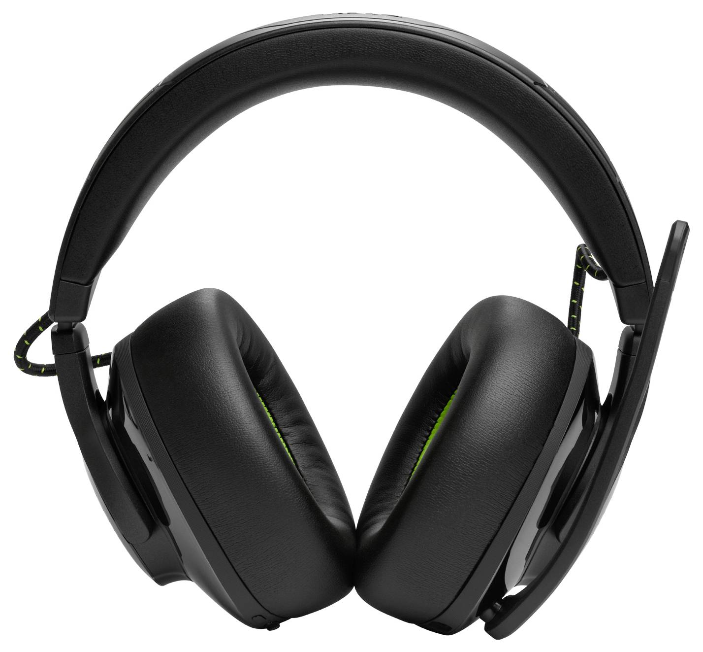 Ein schwarzes Over-Ear-Gaming-Headset mit dicken gepolsterten Ohrmuscheln, einem flexiblen Mikrofon und grünen Akzenten, von vorne betrachtet.