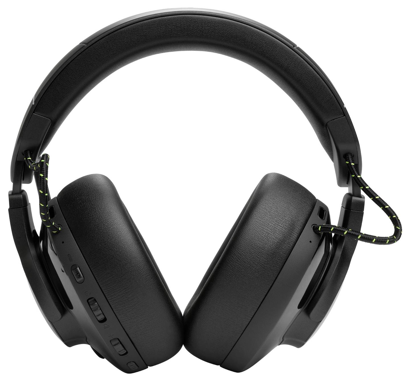 Ein Paar schwarze Over-Ear-Kopfhörer mit sichtbaren Tasten und Kabeldetails, die für komfortables und immersives Musikhören entwickelt wurden.