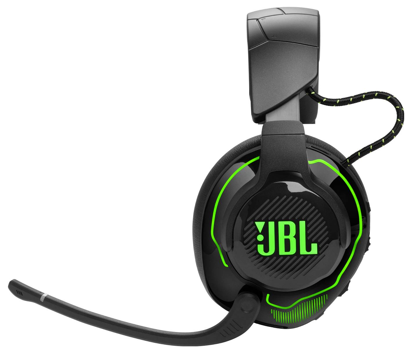 Schwarzer Gaming-Headset mit Mikrofon, hervorgehoben durch neongrüne Akzente und dem 'JBL' Logo auf der Ohrmuschel.