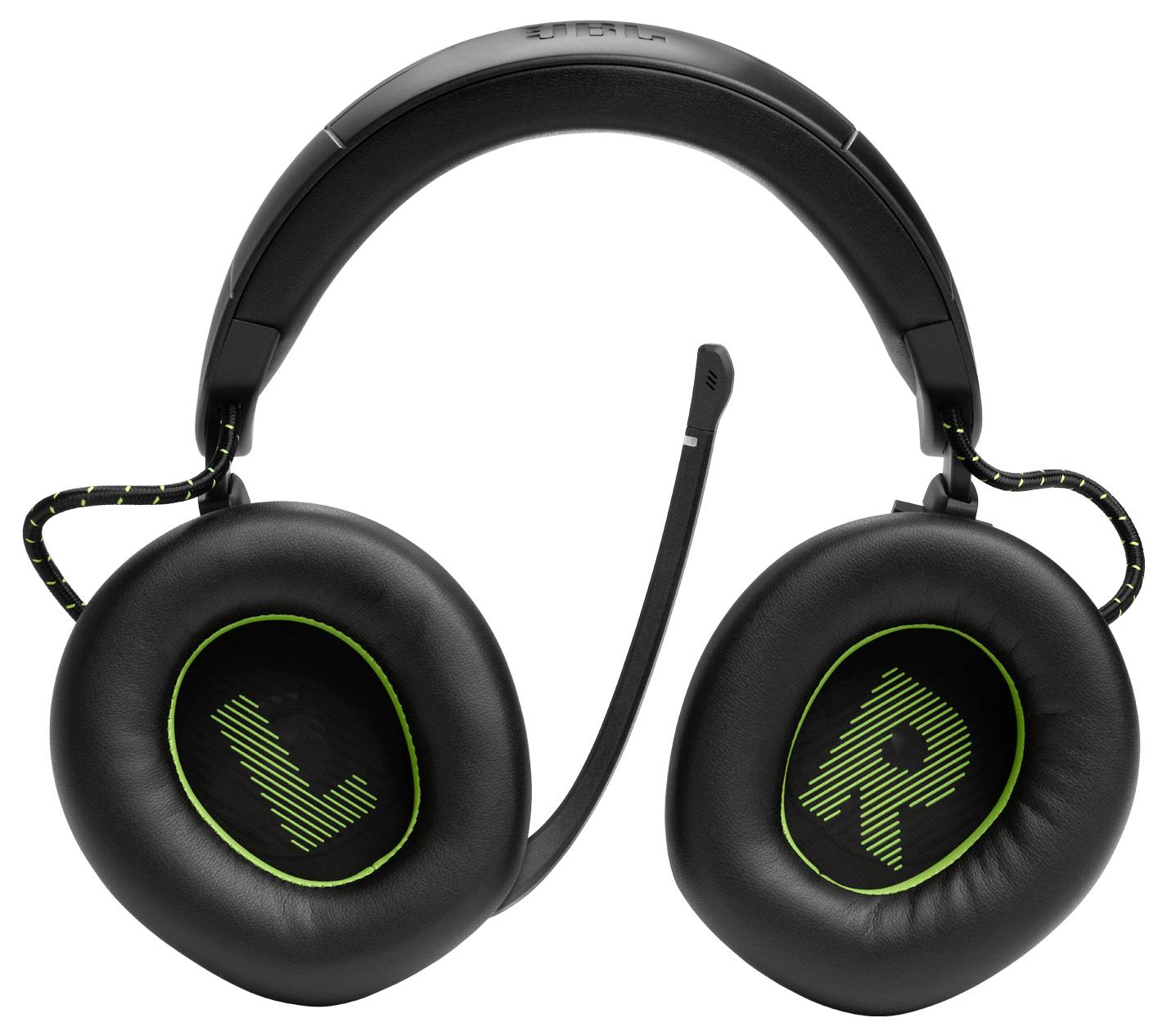Schwarze Over-Ear-Kopfhörer mit grünem 'L' und 'R' auf den Ohrpolstern, die die linke und rechte Seite kennzeichnen.