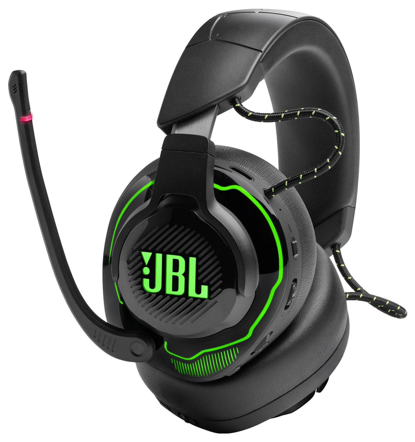 Ein schwarzes Gaming-Headset mit Neongrün-Akzenten, versehen mit JBL-Branding und einem angeschlossenen Mikrofon.