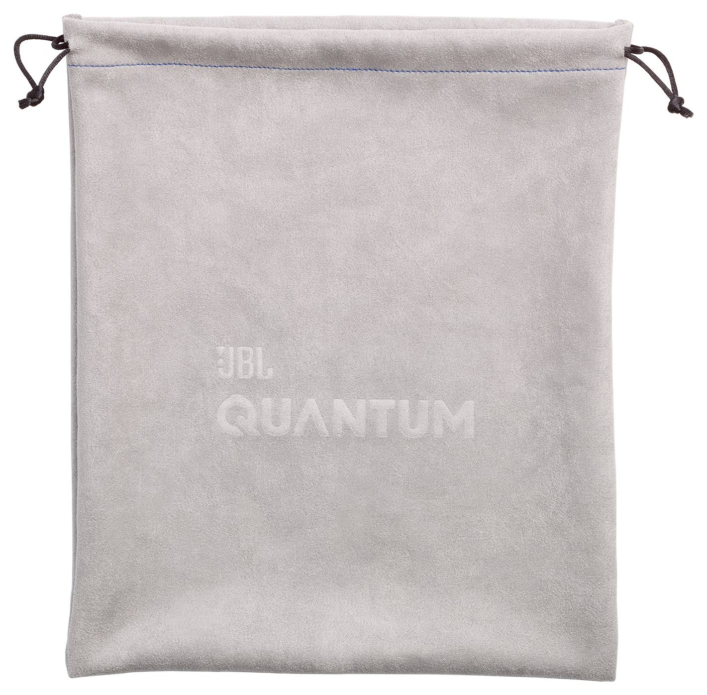 Ein weicher grauer Kordelzugbeutel mit dem Aufdruck 'JBL QUANTUM', der zum Aufbewahren oder Transportieren von Gegenständen verwendet wird.