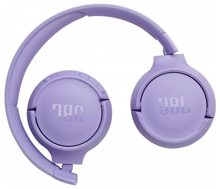 Lila kabellose JBL-Kopfhörer, für die Aufbewahrung zusammengefaltet, mit kompaktem Design und Markenbeschriftung.