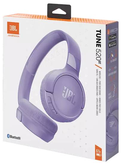 Lila JBL Tune 520BT kabellose Kopfhörer in Verpackungsbox, mit Hervorhebung von Funktionen wie Bluetooth, 57-Stunden-Akkulaufzeit und Unterstützung für Sprachassistenten.