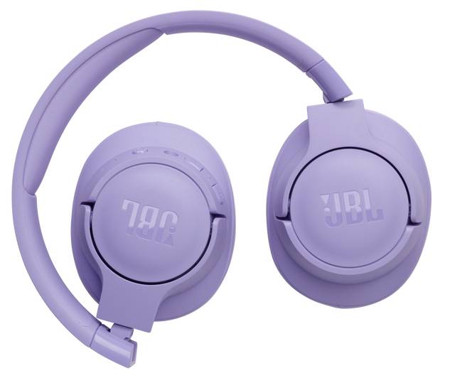 Lila JBL kabellose Kopfhörer, zusammengeklappt, mit JBL-Logo auf jeder Ohrmuschel. Geeignet für mobilen Audiogenuss.