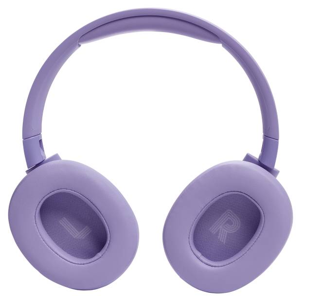 Lila Over-Ear-Kopfhörer mit 'L' und 'R' in den Ohrmuscheln, die die linke und rechte Seite kennzeichnen.