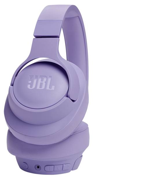 Lila JBL-Kopfhörer mit elegantem Design, die Bedienungstasten und kabelgebundene Anschlussmöglichkeiten auf der Ohrmuschel zeigen.