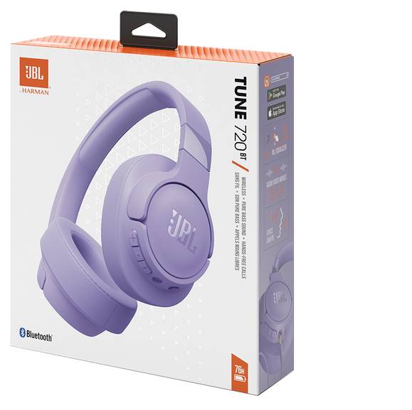 Karton der JBL Tune 720 BT Bluetooth-Kopfhörer in Lavendel. Auf der Verpackung sind die Begriffe 'Bluetooth' und 'JBL Pure Bass' hervorgehoben.