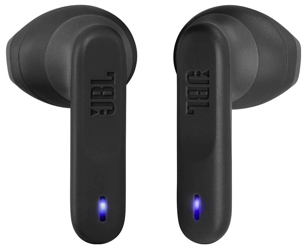 Zwei schwarze kabellose Ohrhörer mit 'JBL'-Branding und kleinen blauen LED-Anzeigen am unteren Ende.