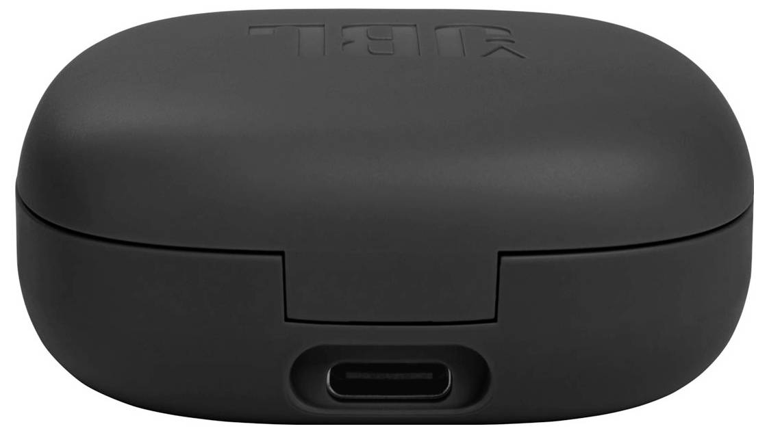 Eine schwarze, kompakte Ladeschachtel für kabellose Kopfhörer mit einem USB-C-Anschluss auf der Vorderseite.