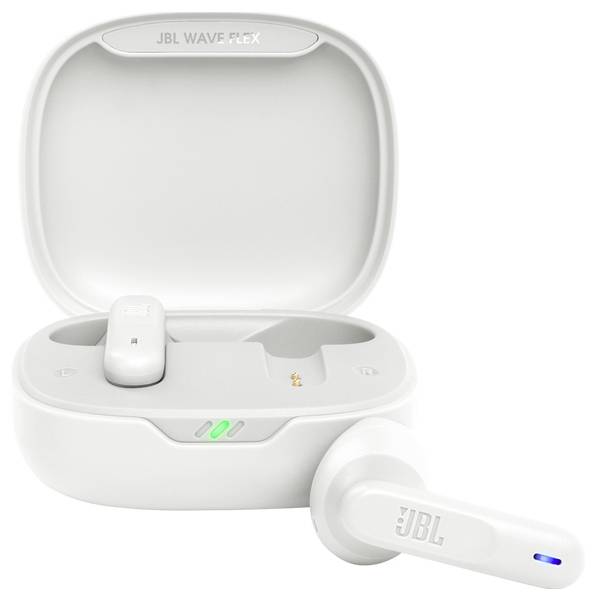 Weiße JBL Wave Flex Ohrhörer mit offener Ladebox, ein Ohrhörer innen und ein Ohrhörer außerhalb, beide mit LED-Anzeigen.