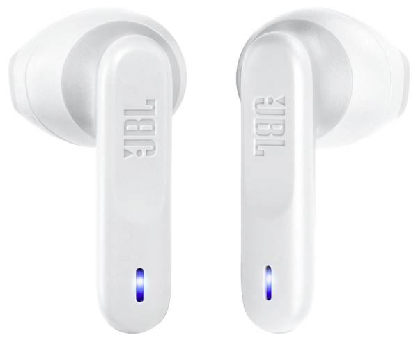 Weiße kabellose Ohrhörer mit blauen Indikatorlichtern am unteren Ende, an deren Stiel jeweils die vertikale 'JBL' Markierung angebracht ist.