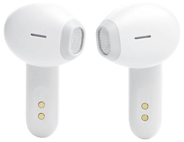 Weiße kabellose Ohrhörer, die einander gegenüber liegen, jeweils mit sichtbarem Lautsprecher-Gitter und zwei goldenen Kontaktpunkten an den Stielen.